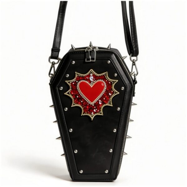 Gothic Coffin Shape Red Heart Studded Crossbody Bag