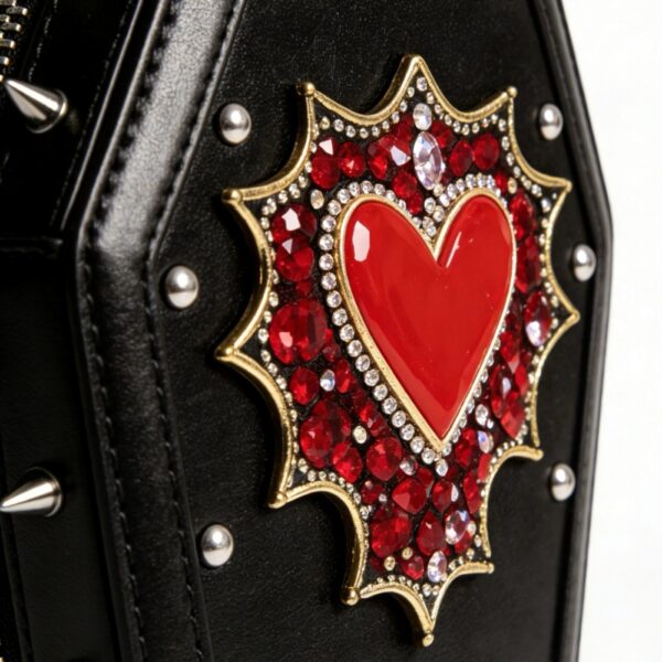 Gothic Coffin Shape Red Heart Studded Crossbody Bag