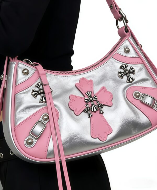 Y2K Pink & Silver Cross Hobo Shoulder Bag