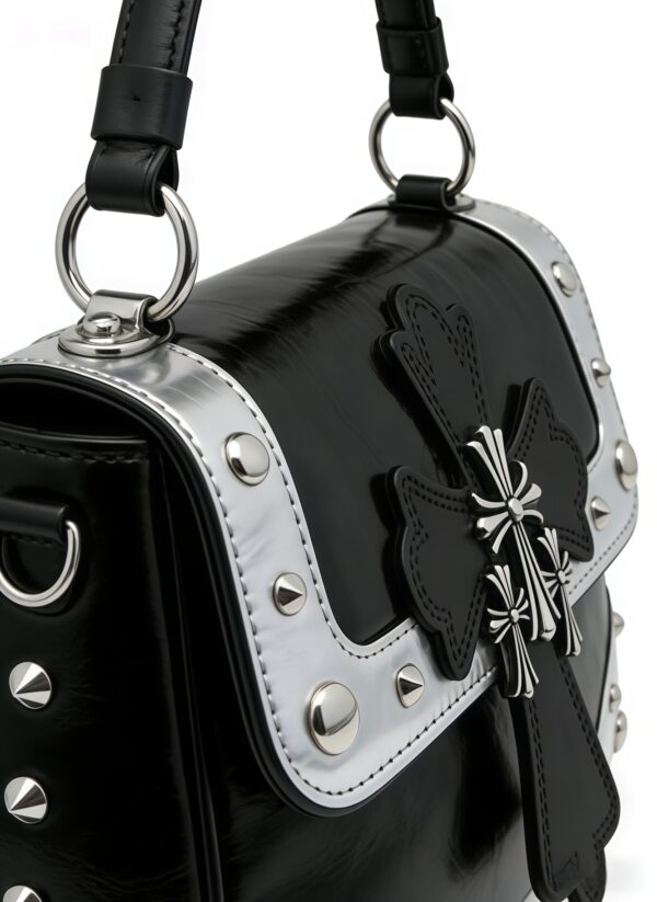 Black & Silver Cross Studded Top-Handle Bag