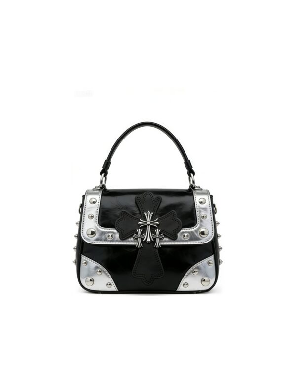 Black & Silver Cross Studded Top-Handle Bag
