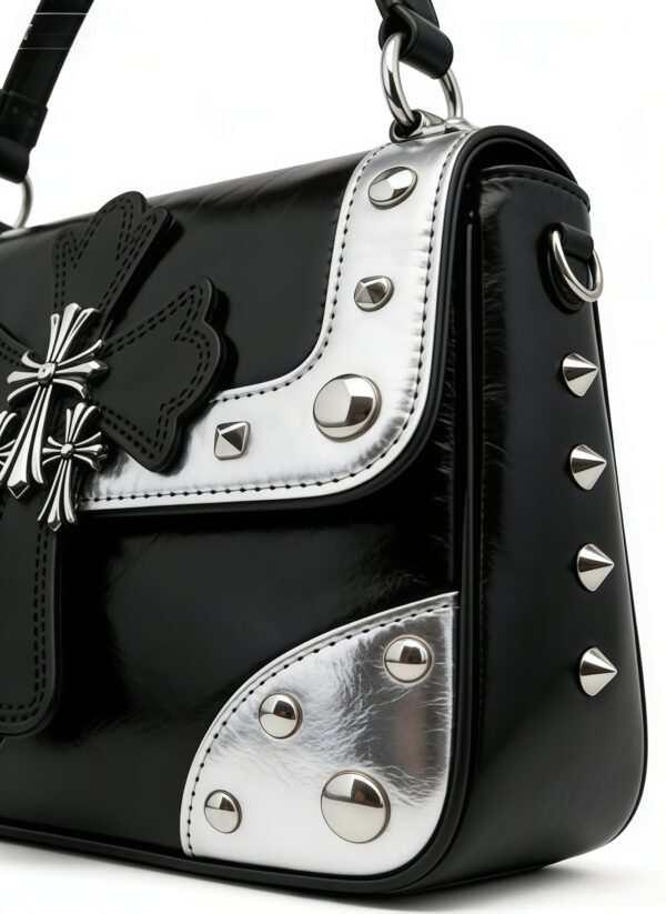 Black & Silver Cross Studded Top-Handle Bag