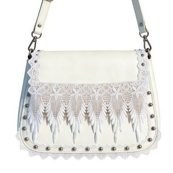 White Lace Fringe Studded Crossbody Saddle Bag
