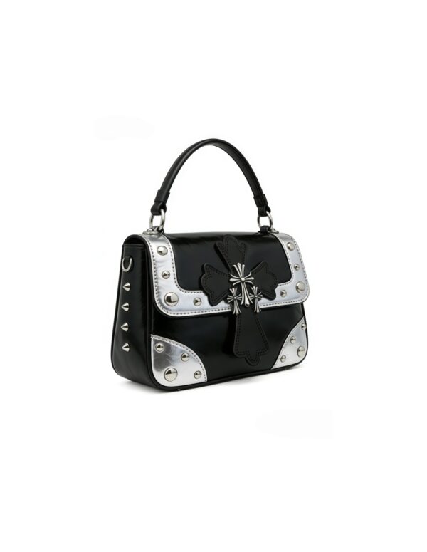 Black & Silver Cross Studded Top-Handle Bag