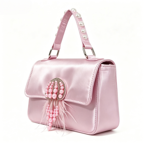 Pink Satin Pearl Feather Mini Handbag