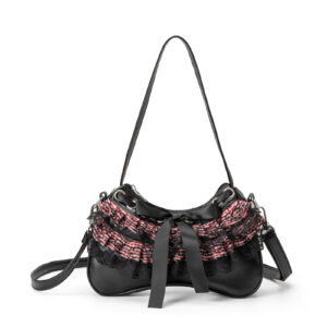 IMG_4192 Lace Plaid Bow Bone Shape Shoulder Bag