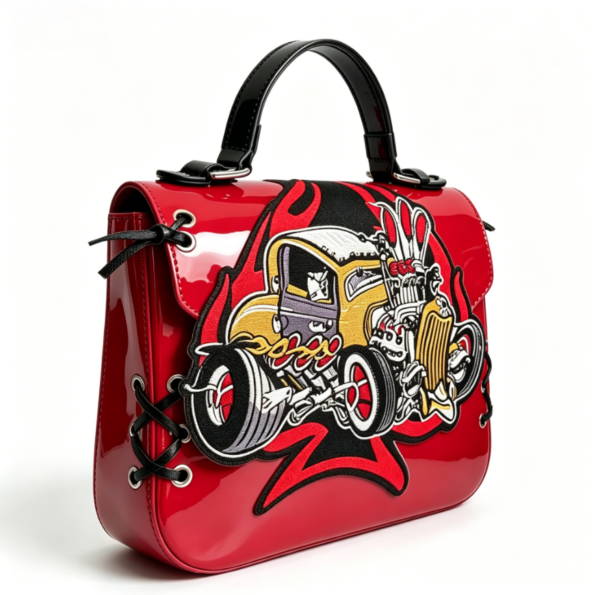 Hot Rod Car Embroidery Patent Leather Handbag