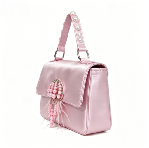 Pink Satin Pearl Feather Mini Handbag