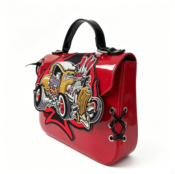 Hot Rod Car Embroidery Patent Leather Handbag