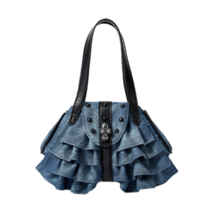 Ruffle Denim Skull Shoulder Bag
