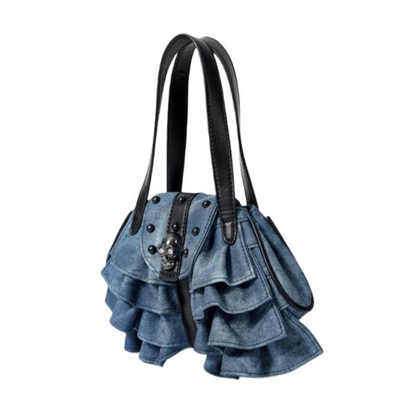 Ruffle Denim Skull Shoulder Bag