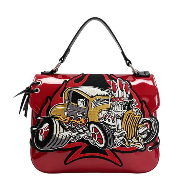 Hot Rod Car Embroidery Patent Leather Handbag